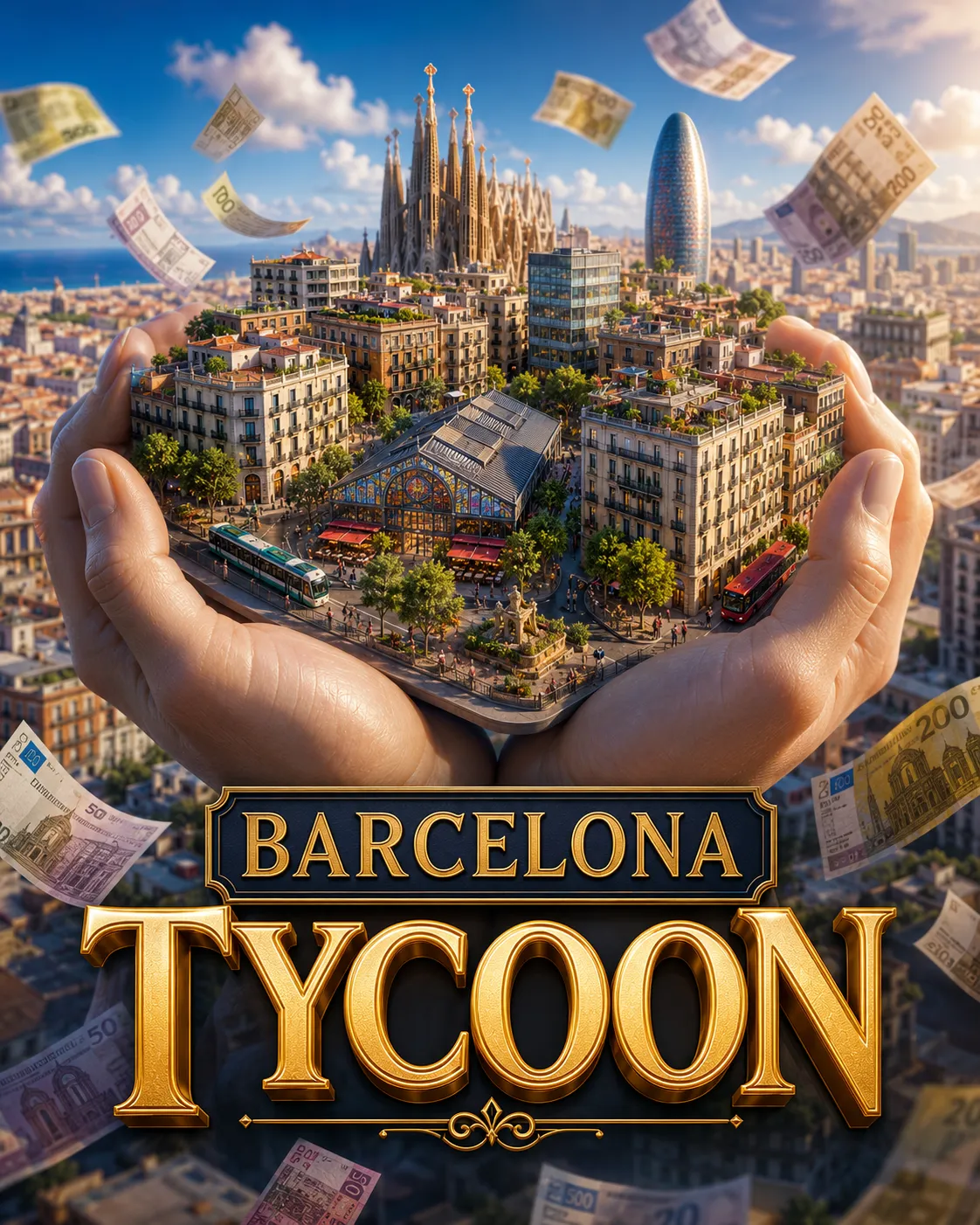La portada de Barcelona Tycoon: dues mans aixequen una Barcelona en miniatura, amb bitllets d’euro surant al costat de la Sagrada Família.